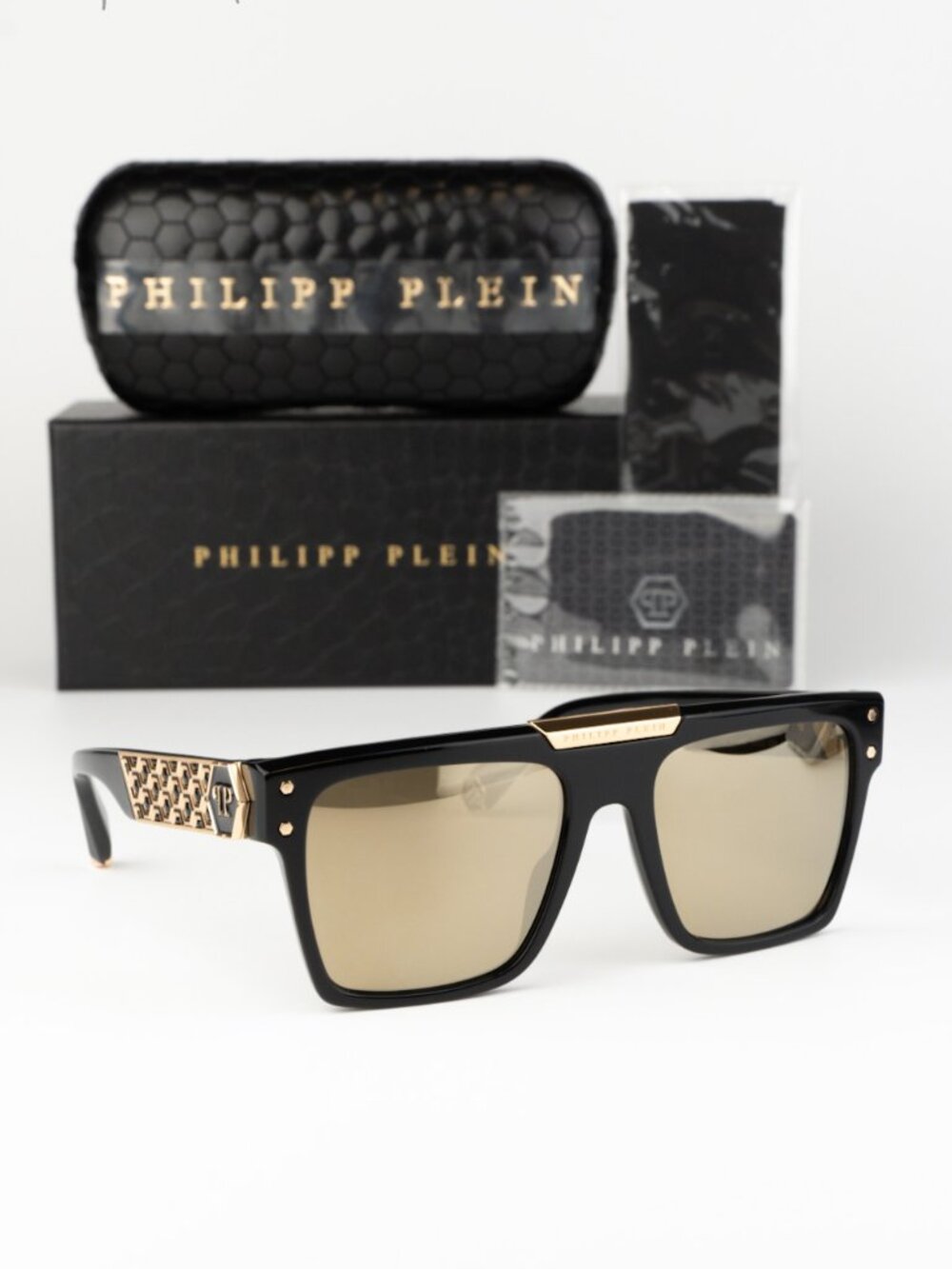 Philipp Plein Women Sunglasses Black Gold Mirror Square SPP080 700G NEW AUTHENTI